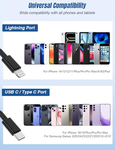 Versatile 3-in-1 i Phone Charger Cable – 6 FT USB C to Lightning with Triple Port Compatibility for i Phone 16/15/14/13/12/11 Pro Max/XS/XR/8 & i Pad Pro/Mini – Fast Charging Solution (2-Pack, Black) for Effortless Multi-Device Power Management