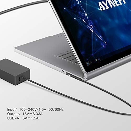 High-Speed AYNEFF 102 W Surface Laptop Charger for Microsoft Surface Book 2/3 & Surface Pro 9/8/7 – 15 V 6.33 A Power Supply with 5.9 ft DC Cable & USB 5 V 1.5 A Port for Fast Mobile Charging – Enhanced Compatibility & Safety Features