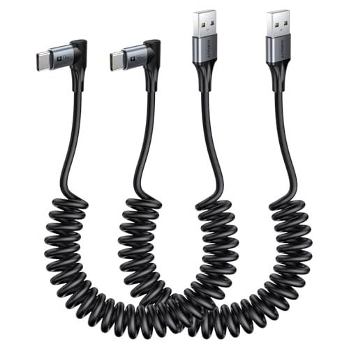 SUNGUY Right Angle Coiled USB C Cable 3FT [2Pack], 90 Degree USB A to USB C Cable for Android Auto & Carplay, USB Type C Charging Cable for iPhone 16 15 Pro/Pro Max/Plus, Samsung Galaxy S24 S23 S22 – Enhanced Compatibility and Speed