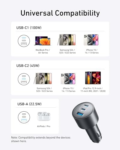 Anker 167.5 W Ultra-Compact 3-Port USB-C Car Charger for i Phone 16, Mac Book Pro/Air, Samsung S24/S23 – Fast Charging Adapter with Enhanced Compatibility for On-the-Go Power Solutions