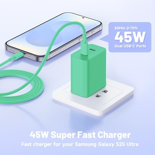 Dual-Port 45 W USB-C Wall Charger for Samsung Galaxy S25/S24 Ultra – Super Fast Charging with 2-Pack 6.6 ft Cables, PD 3.0 & PPS Technology for Enhanced Compatibility and Performance – Ideal for Mobile Professionals and Families