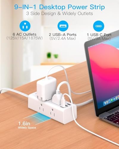 5 Ft Versatile Power Strip with 6 AC Outlets & 3 USB Ports, including USB-C – Compact Flat Plug Extension Cord for Efficient Charging in Dorm Rooms, Travel, and Home Offices – Surge Protector for Enhanced Device Safety and Connectivity