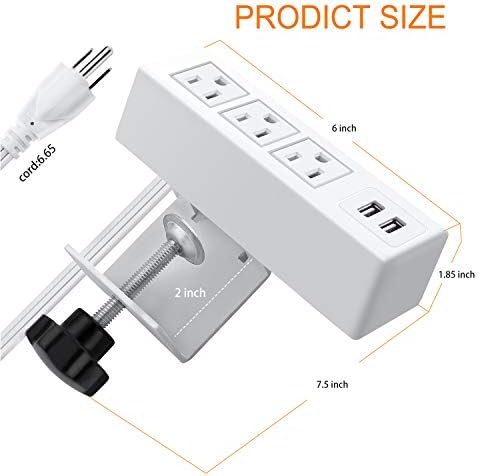 CCCEI 3-Outlet Desk Clamp Power Strip with USB Ports – Surge Protector with 1200 Joules for Enhanced Safety and Fast Charging – Compact Table Mount Power Station for Home Office and Workshop Use – ETL Certified, 1500 W Capacity
