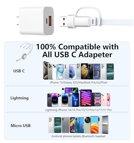 3-in-1 Retractable Multi Charging Cable, 100W Fast Charging USB-C/A to Lightning/USB-C/Micro USB Phone Charger Cord for iPhone 16/15, Samsung, MacBook, iPad （White） – Enhanced Compatibility and Speed