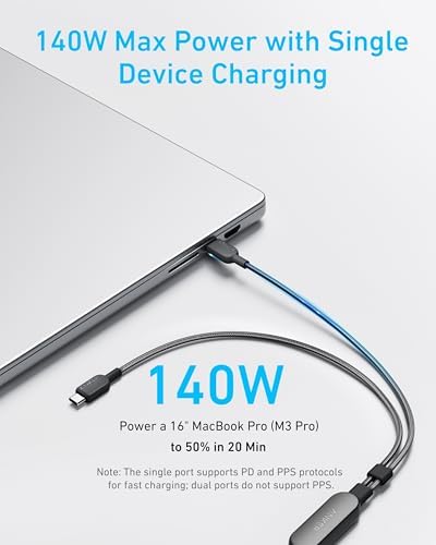 Anker Cable,6FT 2-in-1 USB C to USB C Cable 140W Max,Fast Charging for iPhone 16/16 Pro Max/15 Series,MacBook Air/Pro,and More(Braided,Black) – Enhanced Compatibility and Speed