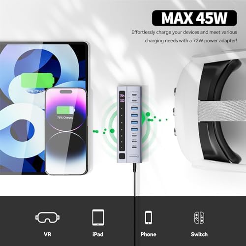 Elevate Your Tech Game with the Minisopuru 6-in-1 Powered USB C Hub – Experience Blazing 10 Gbps Data Transfer and Robust 45 W Charging for i Pad Pro, i Phone, Meta Quest Pro & More – Sleek and Compact Design with 72 W Adapter for Effortless Multi-Device Management
