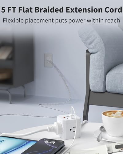 Compact Power Strip Cube with 4 AC Outlets & 3 USB Ports (2 USB-C) – 5 FT Flat Plug Extension Cord, Ideal Travel Charging Station for Office, Dorm, and Cruise Ship Use, Sleek Non-Surge Design for Enhanced Compatibility and Fast Charging Solutions