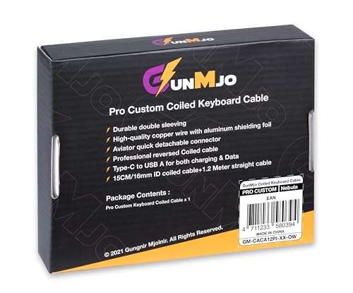 GUNMJO Pro Custom Coiled USB C Cable for Gaming Keyboards – Premium Double-Sleeved Mechanical Keyboard Accessory with Detachable Metal Aviator, 1.5 m USB-C to USB-A in Sleek Carbon Black – Ultimate Speed, Durability, and Aesthetic Upgrade for Gamers