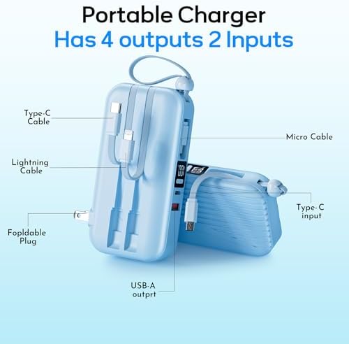 Compact 27 W Fast Charging Power Bank with Built-in Cables – 10,000 m Ah Portable Charger for i Phone & Android – Effortless Multi-Device Charging with 4 Outputs & 2 Inputs – Essential Travel Battery Pack for i Phone 16/15/14 and Newer – Durable Design for On-the-Go Energy Solutions