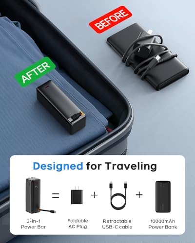 Revolutionary 3-in-1 Travel Charger for i Phone 16/15 | 10,000 m Ah Power Bank with Foldable Wall Plug and Retractable USB-C Cable | 30 W PD Fast Charging Capability, LED Power Indicator, TSA-Approved for Hassle-Free Business Trips | Unmatched Versatility and Quick Charge Solutions