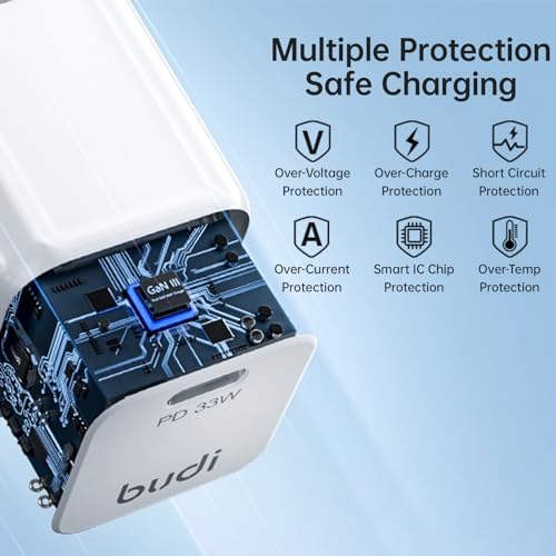 BUDI 34 W Slim USB C Wall Charger – Ultra-Fast 4-Port Charging Hub with 20 W Power Delivery for i Phone 16/15/14/13/12/11/Pro Max/XS/XR/8/7 and Tablets – Compact, Portable Design for Maximum Convenience and Versatility