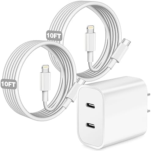 Ultra-Fast Dual Port USB-C i Phone Charger with 10 FT Quick Lightning Cables – High-Efficiency Charging Block for i Phone 14 Pro Max, 13 Pro, 12, 11, XS, XR, 8, SE – Ideal for Home and Travel, 2-Pack for Maximum Convenience and Speed