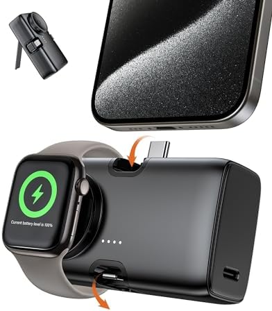 Compact 5000 m Ah Portable Charger for i Phone and Apple Watch – 20 W PD Fast Charging Power Bank with Built-in USB-C Connector for Travel – Compatible with i Phone 15/14/13/12 Pro/Max and Apple Watch 9/8/7/6/SE – Sleek, Lightweight Design for Ultimate Portability and Enhanced Performance