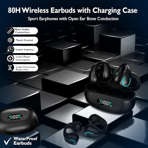 Open Ear Bone Conduction Bluetooth Headphones – Waterproof Sports Earphones with Secure Earhooks, Integrated Hands-Free Microphone, and Wireless Charging Case for Active Lifestyles and Enhanced Safety Awareness