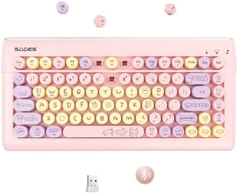 SADES Retro Wireless Bluetooth Keyboard for Mac, i Pad, i Phone, PC & Android – Multi-Device Connectivity & Portable Design with Vintage Round Keycaps – Perfect for Effortless Typing on the Go in Chic Pink