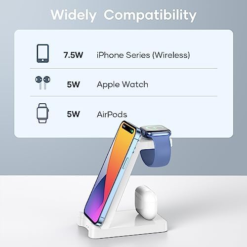 Ultimate 3-in-1 Wireless Charging Station for Apple Devices – Rapid Charger for i Phone 15/14/13/12/11, Apple Watch Series 1-9/Ultra, and Air Pods – Space-Saving Multi-Device Dock Featuring Advanced Safety Technology and Modern Aesthetic Design