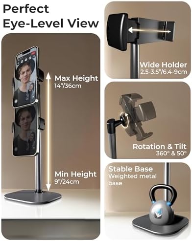 Cooper ChatStand Adjustable Cell Phone Stand for Desk & Video Recording, Rotating Cell Phone Holder for Desk for All iPhone, Samsung, Android, 9-14″ Face-Level Metal Desktop Tripod (Frost White) – Enhanced Compatibility and Speed