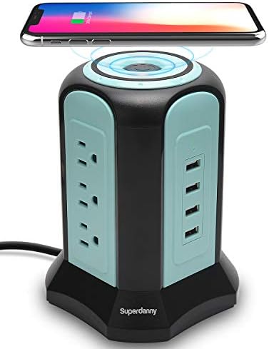Revolutionize Your Charging Station with SUPERDANNY Power Strip Tower – 9 Outlet Surge Protector & 4 Fast USB Ports, 10 A 1080 J Safety, Wireless Charging, 10 ft Extension Cord in Stylish Black & Blue for Ultimate Device Connectivity and Organization