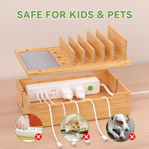 Pezin & Hulin Eco-Friendly Bamboo Charging Station – 10-Port USB Dock Organizer with 6 Cables, Enhanced Power Supply & Cable Management for Multi-Device Charging, Sleek Natural and Black Design for Homes and Offices
