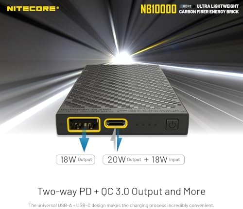 Nitecore NB10000 Gen II Ultra-Slim 10,000 m Ah Power Bank – Lightning-Fast QC USB & USB-C Dual Output Charger with Dual Cable Bundle – Ultimate Portability for Phones, Flashlights, and Headlamps – Waterproof & Durable Design for Active Lifestyles