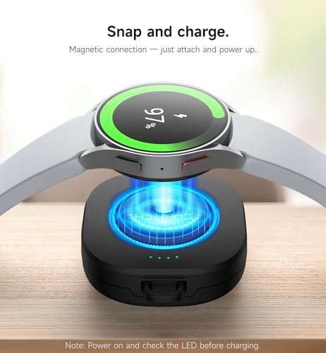 SURITCH Portable Wireless Charger for Samsung Galaxy Watches – 1100 m Ah Compact Power Bank with Keychain Design for Ultra/7/6/6 Classic/5/5 Pro/4/4 Classic/3/Active Series – Fast Charge Solution for Active Lifestyles – Sleek Black Finish for Style and Versatility