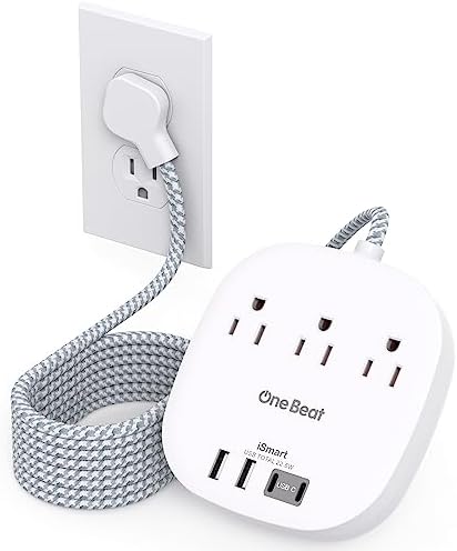 10 Ft Flat Plug Power Strip with 3 AC Outlets & 4 USB Ports, Ideal Desktop Charging Station for Cruise Ships & Dorms – Compact Design & Fast Charging for Multi-Device Use