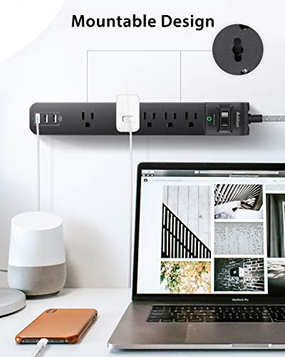Dual Pack Surge Protector Power Strip with 5 Spacious Outlets and 3 Fast USB Ports – 1875 W/15 A Capacity for Home Office Efficiency, 6 Ft Durable Braided Cord, Smart Overload Protection, Wall Mountable Flat Plug Design for Optimal Space Utilization and Device Safety