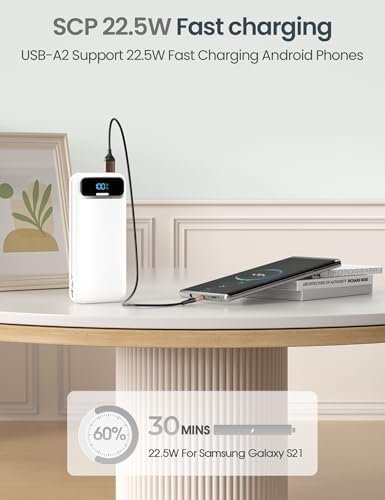 12000 m Ah Ultra-Light Portable Power Bank with Built-In Cables & AC Wall Plug – PD20 W USB-C Fast Charging for i Phone, Samsung & Android – LED Display for Battery Monitoring – Ultimate Travel Companion for Quick Device Recharging