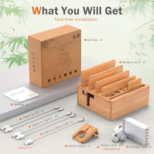 Bamboo Charging Station Organizer with 5-Port USB Hub and Charging Cables – Elegant Multi-Device Dock for Phones, Tablets, and Smartwatches – Eco-Friendly and Efficient Charging Solution for Home and Office Decor