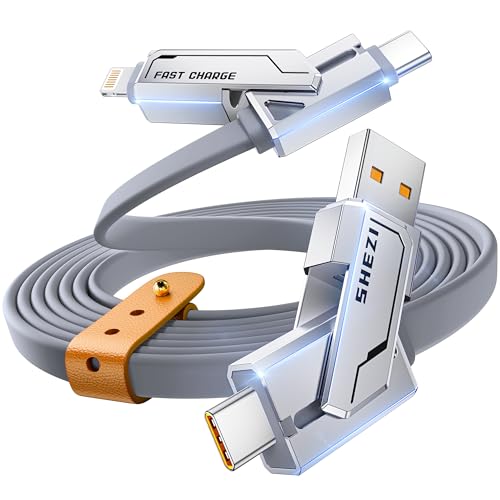 SHEZI 4-in-1 USB C Charging Cable | 240 W Fast Charging Solution for i Phone 16/15 & More | 5 FT Durable Flat Silicone Cord with Lightning, USB-C, USB-A Connectors | Versatile Multi-Device Charger for Home, Office & Travel | Enhanced Compatibility & Speed