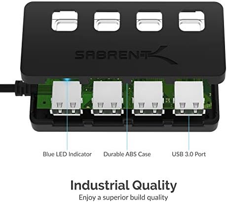 SABRENT 4-Port USB 3.0 Hub with Individual LED Power Switches – Ultra-Slim, Portable Design with 2 Ft Cable for Effortless Data Transfer – Compatible with Mac & PC, Perfect for Home and Office Use