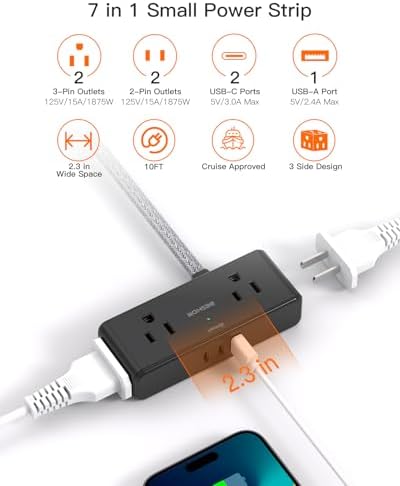 BESHON 10 ft Flat Plug Extension Cord with 4 Wide Outlets & 3 USB Ports (2 USB-C) – Versatile Power Strip for Home, Office & Dorm – Space-Saving Design with Surge Protection & Fast Charging Capabilities