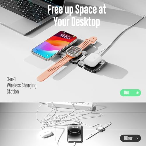 Revolutionary 3-in-1 Fast Wireless Charging Station – Magnetic & Foldable for Seamless Charging of i Phone 16/15/14/13/12/Pro/Max, Apple Watch 9/8/7/6/5/4/3/SE, and Air Pods 3/2/Pro – Compact, Portable, and Efficient 5 W Power Solution for the Modern User