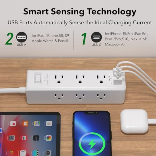Elevate Your Charging Game with the Clear Power 2-Outlet Power Strip – 6 ft Flat Plug Power Station Featuring 3 USB Ports (1 USB-C) for Rapid Device Charging, Ideal for Home, Office & Travel, Durable & Compact Design, White, Model DC3 S-1102-DC