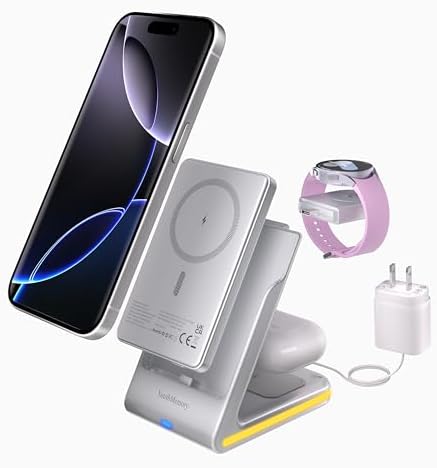 3-in-1 Magnetic Wireless Charging Station for i Phone & Samsung – Portable 5000 m Ah Power Bank, Multi-Device Charger for Apple Watch, Galaxy Watch & Air Pods – Fast Charging with Safety Features – Ideal for Home & Travel