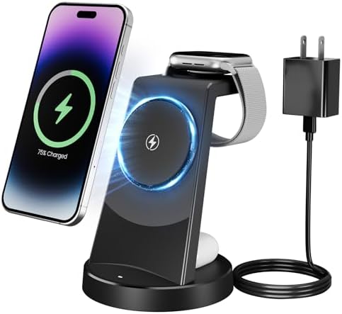 3-in-1 Magnetic Wireless Charging Station for Apple Devices – 15 W Qi Charger Stand for i Phone 16/15/14/13/12 Pro Max, Apple Watch Series 10-2 & Air Pods Pro 4/3/2 – Sleek Desk & Nightstand Organizer with Fast Charging, Sleep-Friendly LED Indicator, and Case Compatibility – Perfect for Home, Office, and Student Use
