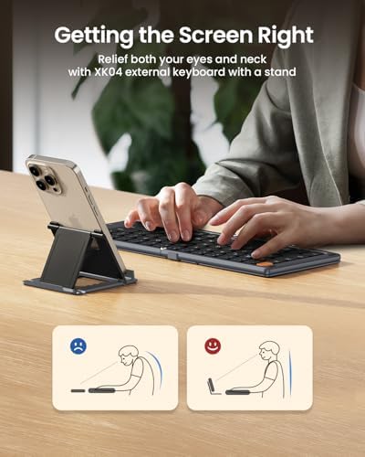 Proto Arc Portable Bluetooth Foldable Keyboard – Travel-Friendly Compact Design with PU Leather Cover for i Pad, i Phone, and Tablets – Rechargeable Wireless Mini Keyboard for Effortless Typing on the Go – Gray