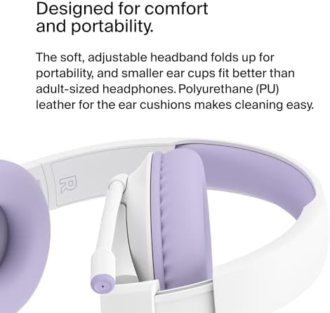Belkin Sound Form Inspire Kids Wireless Over-Ear Headphones – Safe Listening with 85 d B Volume Limit, 35-Hour Battery Life, and Built-In Microphone – Ideal for Online Learning, Travel, and Fun – Trendy Lavender Compatible with i Phone, i Pad, Galaxy & More