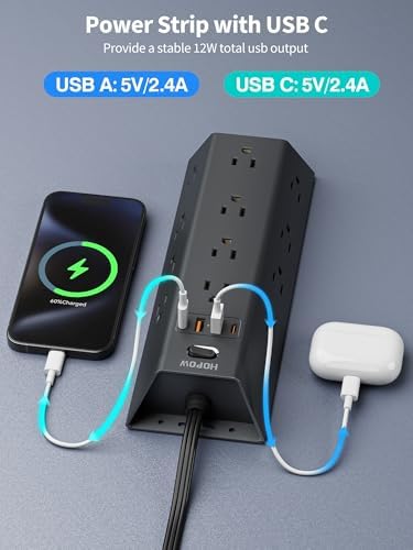 15 FT Surge Protector Power Strip with 12 AC Outlets & 4 USB Ports (2 USB-C) – Versatile Flat Plug Extension Cord for Home & Office, Wall Mountable Charging Station for Efficient Device Management and Enhanced Safety