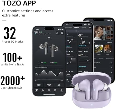 TOZO E2 Wireless Earbuds – Unmatched Sound Clarity with 32 Custom EQ Settings, Smart AI Noise Cancellation for Clear Calls, Enduring 30-Hour Battery Life, Next-Gen Bluetooth 5.3 for Rapid Connectivity, Comfort-Focused Ergonomic Design – Ideal for Music Enthusiasts and Professionals on the Move