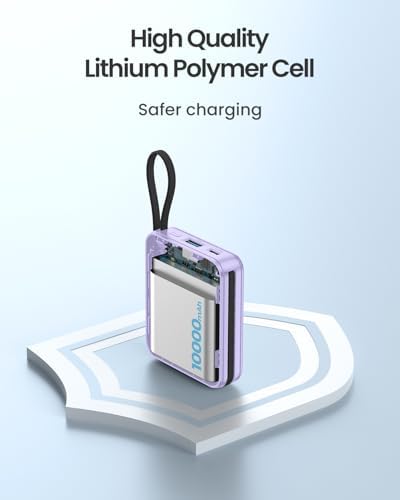 Compact 10,000 m Ah Portable Charger with Built-In Cable – Fast Charging Mini Power Bank for i Phone, Samsung, and Android Devices – Smart LED Display for Battery Monitoring – Ultimate Travel Companion for On-the-Go Power Solutions