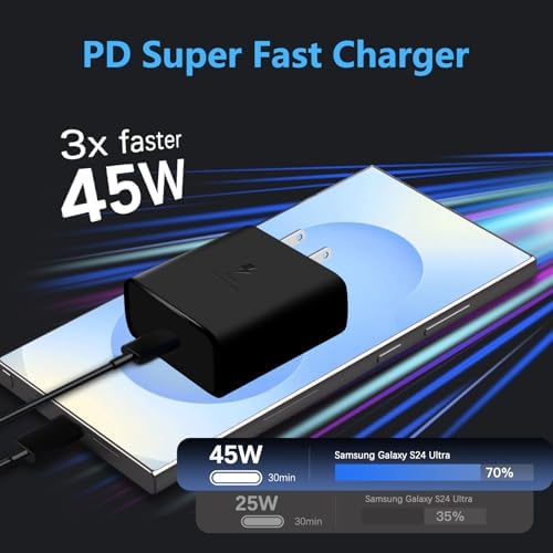 Power Up Your Samsung Galaxy: 45 W USB-C Super Fast Charger Duo with 6 FT Type C Cables – Ultimate Compatibility for S24/S23/S22/S21/S20 & Note Series, Lightweight & Portable Charging Solution for Home & On-the-Go