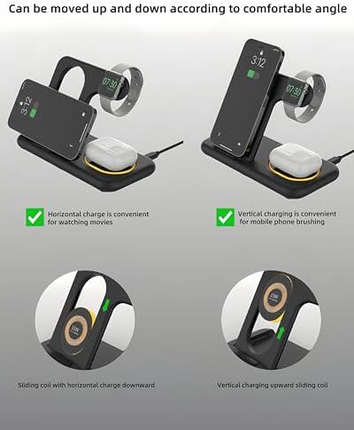 Innovative 3-in-1 Wireless Charging Station with Adjustable Night Light – Fast Charge Your i Phone 16-12, Samsung Galaxy S24-22, Apple Watch, and Air Pods Simultaneously – Sleek Foldable Design for Enhanced Space Efficiency and User-Friendly Operation – Durable ABS Construction with Tempered Glass Panel for Scratch Resistance and Efficient Heat Dissipation – Perfect for Nighttime Use with Soft LED Lighting – Ideal for Home or Office Setup – Compatible with Most Wireless Charging Devices – Elevate Your Charging Experience with One Convenient Solution