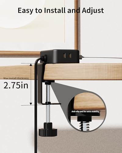 Maximize Workspace Efficiency with the 10 Ft Desk Clamp Power Strip – Versatile Desktop Charging Station Featuring 4 AC Outlets & 4 USB Ports (2 USB-C) for Rapid Device Charging, Ideal for Home Office & Gaming, Securely Fits 2.75″ Table Edges, Surge Protection for Ultimate Safety, Sleek Black Design