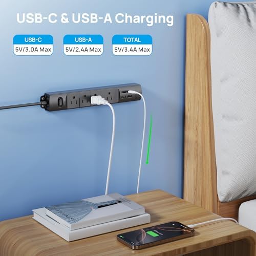 Ultra-Slim TROND Surge Protector Power Strip with 3 USB Ports & Type C – 4 AC Outlets for Maximum Device Protection & Charging Speed – 1440 J Surge Defense, ETL Listed, Space-Saving Wall Mount Design for Home Office & Dorm Use – Versatile Power Management Solution in Elegant Black