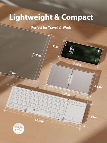 Ultra-Portable i Clever Bluetooth Keyboard with Touchpad – Sleek Foldable Design, Durable Metal Body, USB-C Charging, Multi-Device Compatibility for i Pad, i Phone, Android & Windows – Perfect for Travelers and Professionals in Silver White