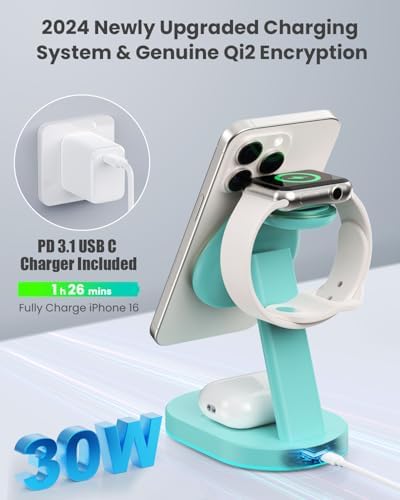 Ultimate 3-in-1 Wireless Charging Station for i Phone, Apple Watch, and Air Pods – Qi2 Certified 15 W Magnetic Charger with 30 W USB-C Adapter & Integrated Night Light – Streamlined Design for i Phone 16/15/14/13/12 – Superior Speed and Enhanced Compatibility for Modern Tech Users