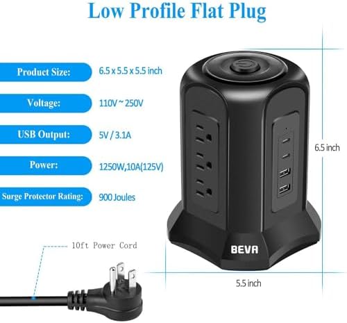 BEVA Tower Surge Protector Power Strip: 9 AC Outlets & 4 Fast-Charging USB Ports for Ultimate Device Connectivity, 6.5 FT 18 AWG Extension Cord with 3-Prong Flat Plug – Ideal Desk Charging Station for Office, Dorm & Home Use, Ensuring Safety & Efficiency