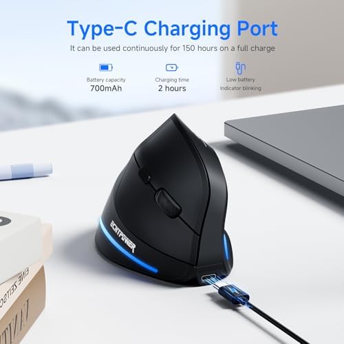 Elevate Your Productivity with ECHTPower Ergonomic Wireless Vertical Mouse – Multi-Device Bluetooth Connectivity, Adjustable DPI Up to 2400, LED Light for Enhanced Visibility, Perfect for PC, Laptop & Mac Users Seeking Comfort and Efficiency
