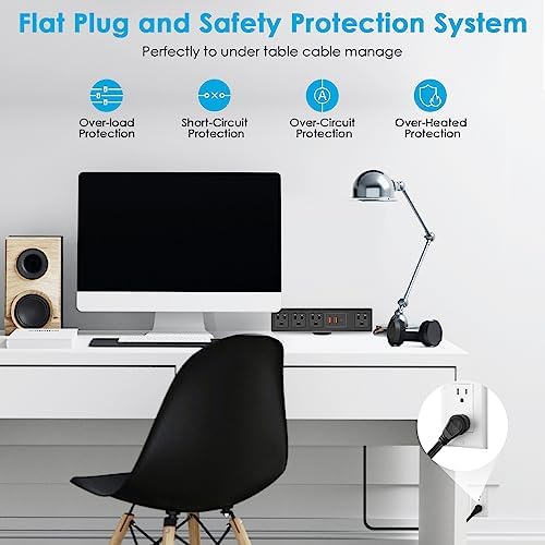 CCCEI Universal Desk Clamp Power Strip with Dual USB Ports – Advanced 1200 J Surge Protector for Desktop Mounting, Fast Charging Convenience, 6 FT Flat Plug, Ideal for Bulky Adapters, Fits 1.9 Inch Tabletops – Optimize Your Workspace Efficiency and Safety
